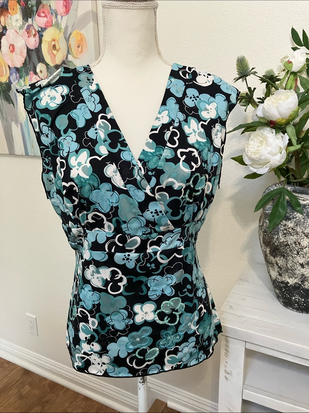 Y2k INC Floral Wrap V-Neck Sleeveless Top - Teal/Black